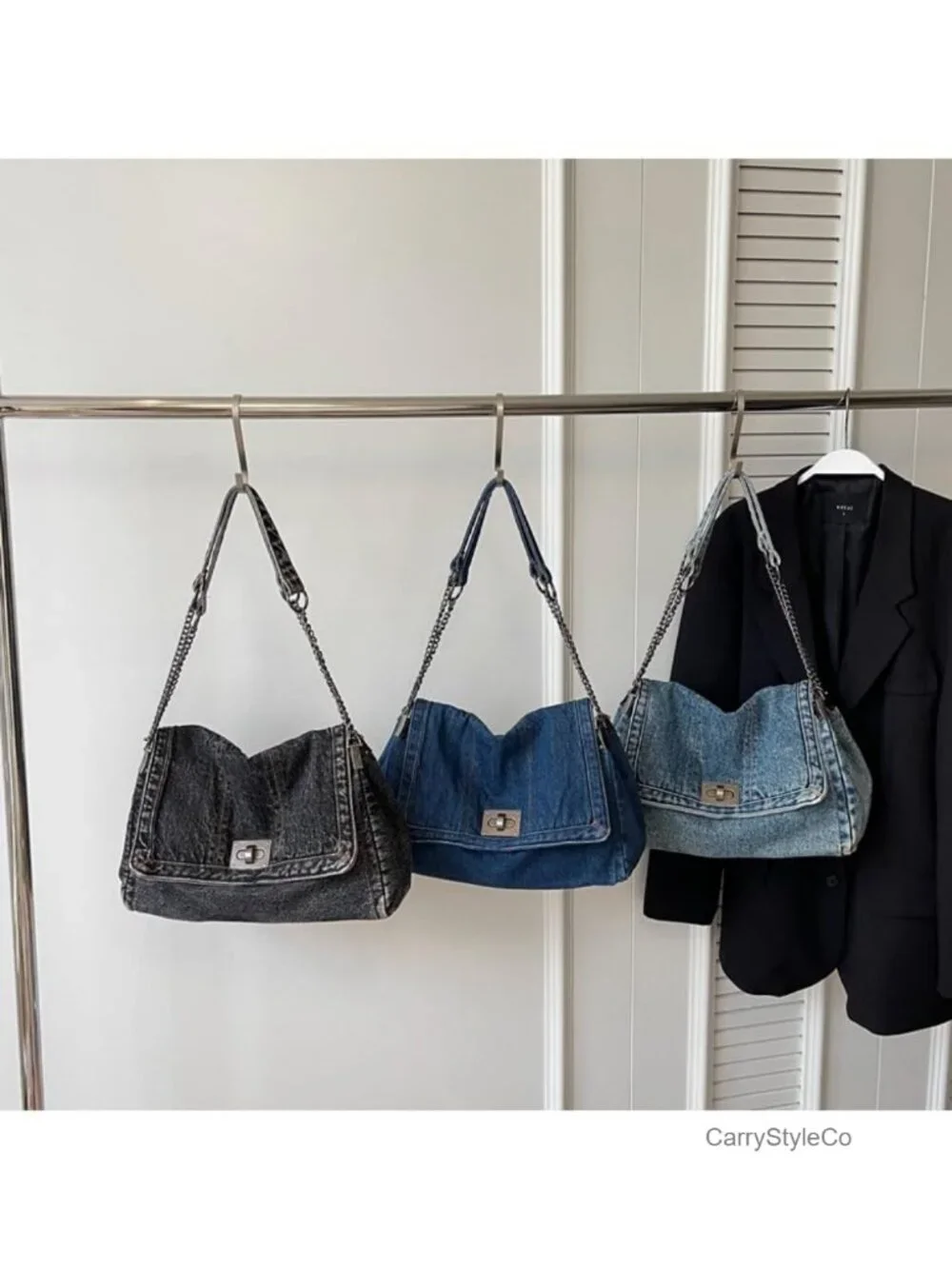 Large Denim Tote Bag Women Crossbody Shoulder Handbag Turn-Lock Casual Retro